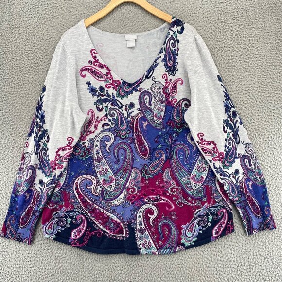 Chicos Sweater Womens 2 US Large Gray Multi Paisley VNeck Pullover Stretch Light - Picture 10 of 11